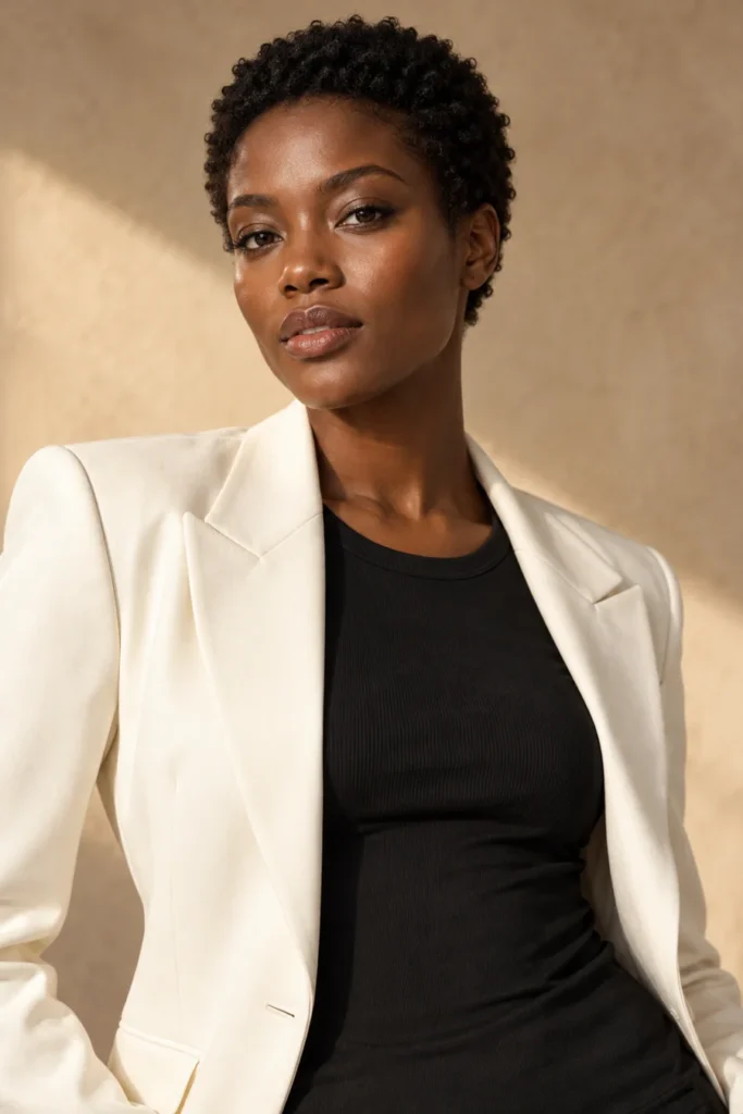 AI-generated virtual fashion model Imani in an editorial studio portrait