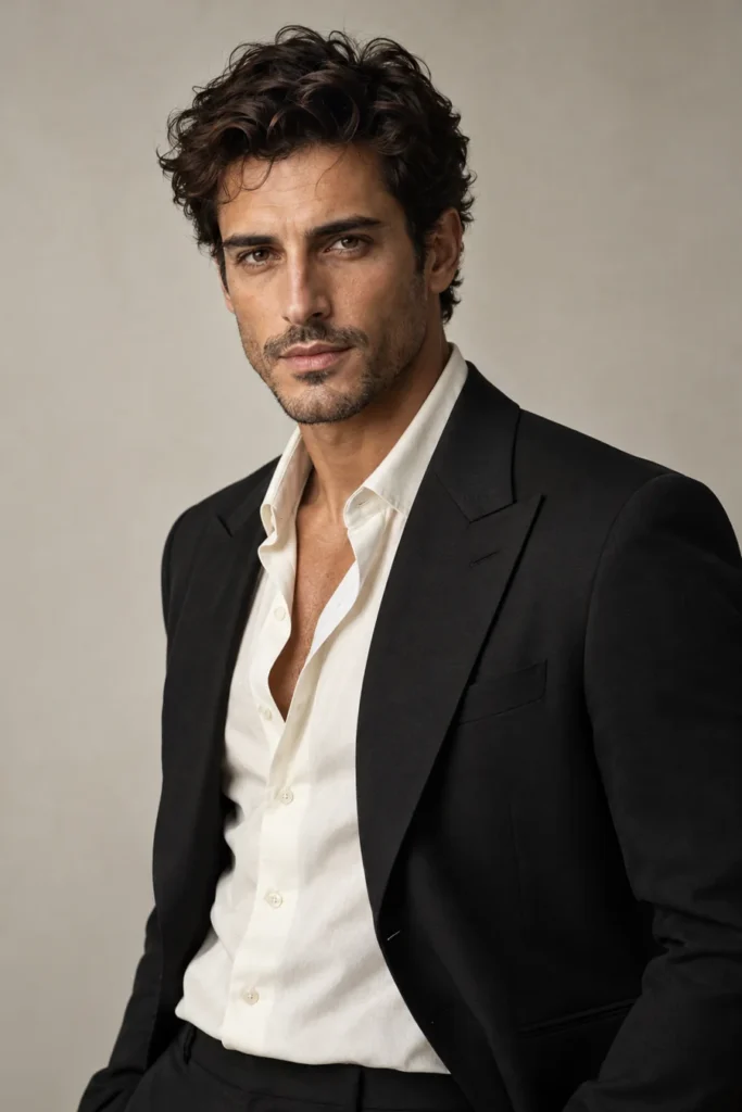 AI-generated virtual fashion model Luca in an editorial studio portrait