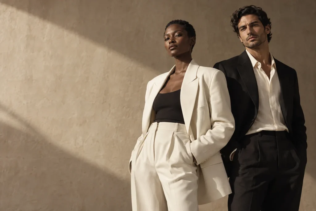 AI-generated woman and man in ivory and black tailoring