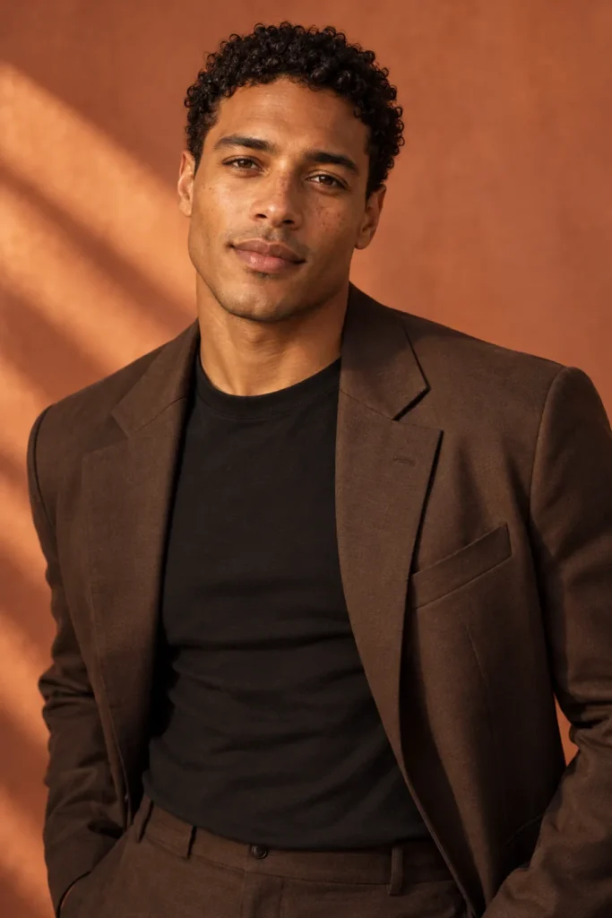 AI-generated virtual fashion model Rafael in an editorial studio portrait