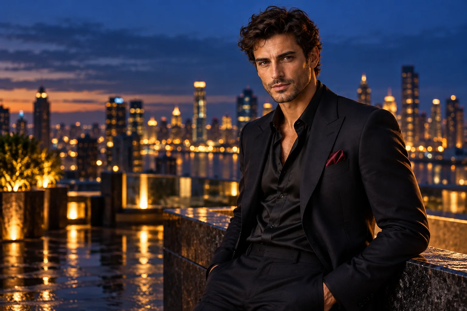 AI-generated adult virtual model luca in a night editorial photograph