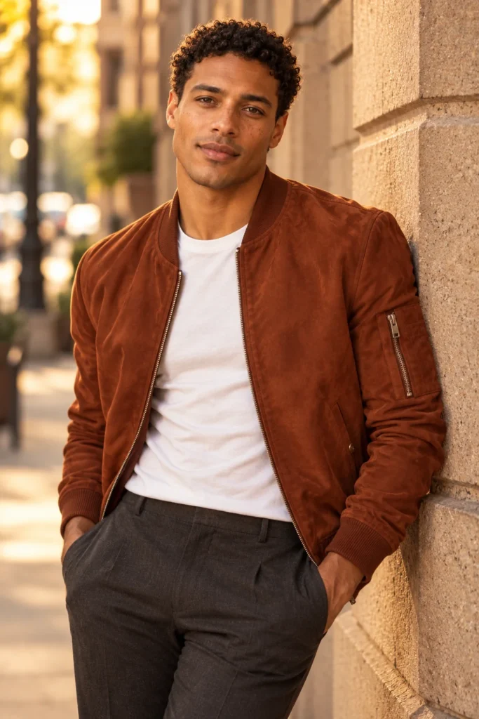 AI-generated adult virtual model rafael in a city editorial photograph