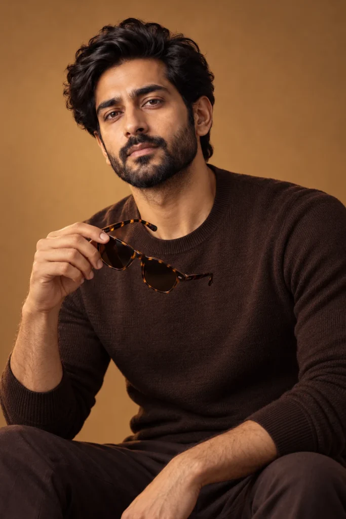 AI-generated adult virtual model Arjun Product in an original ModelGems campaign concept