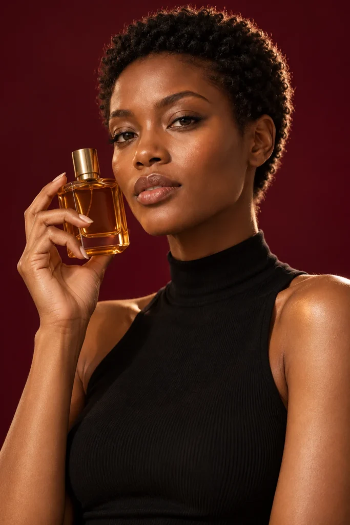 AI-generated adult virtual model Imani Product in an original ModelGems campaign concept