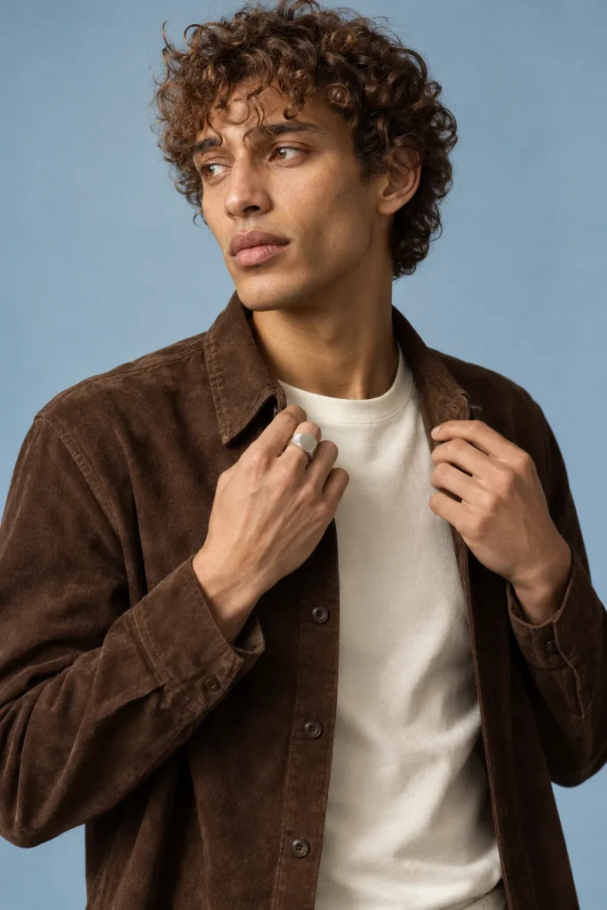 Elias / Sandy curls / Chocolate suede / Ecru / original fictional adult model