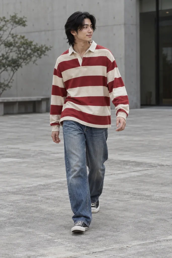 Kenji / Tousled fringe / Red rugby / Denim / original fictional adult model