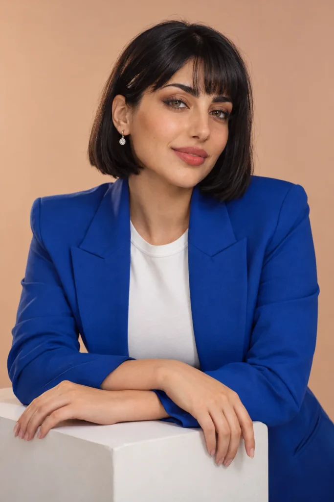 Leila / Sleek bob / Coral lip / Cobalt / original fictional adult model