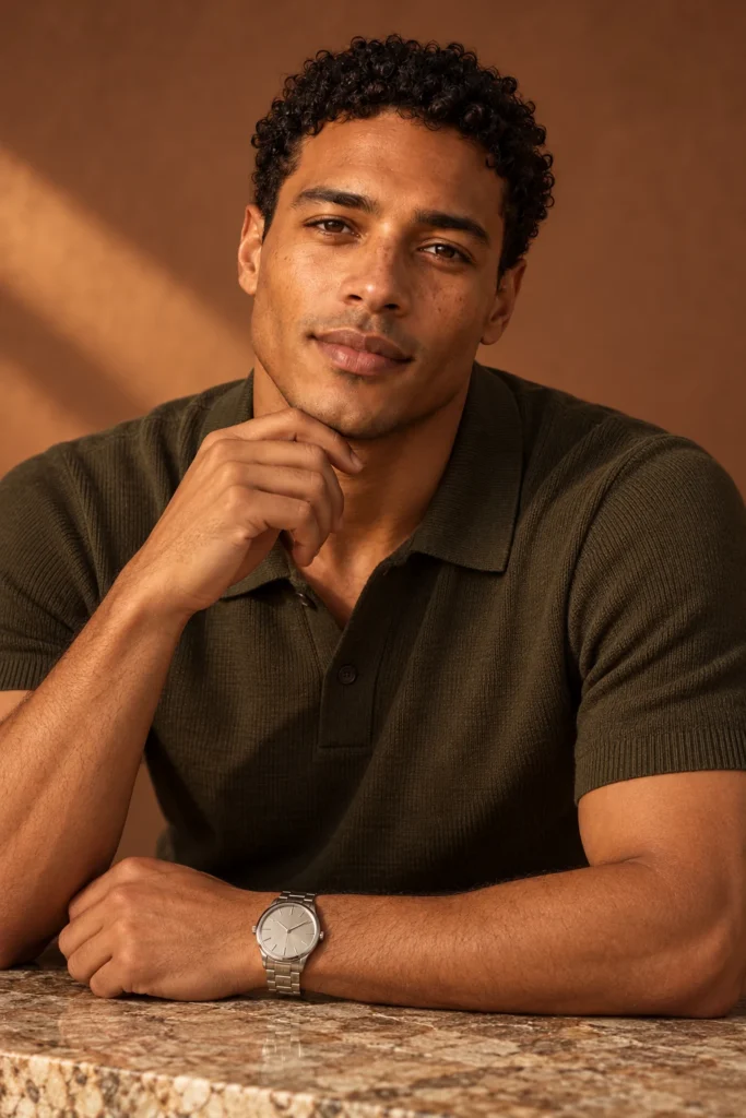Rafael, a virtual model, resting his chin on his hand, a steel watch on his wrist.