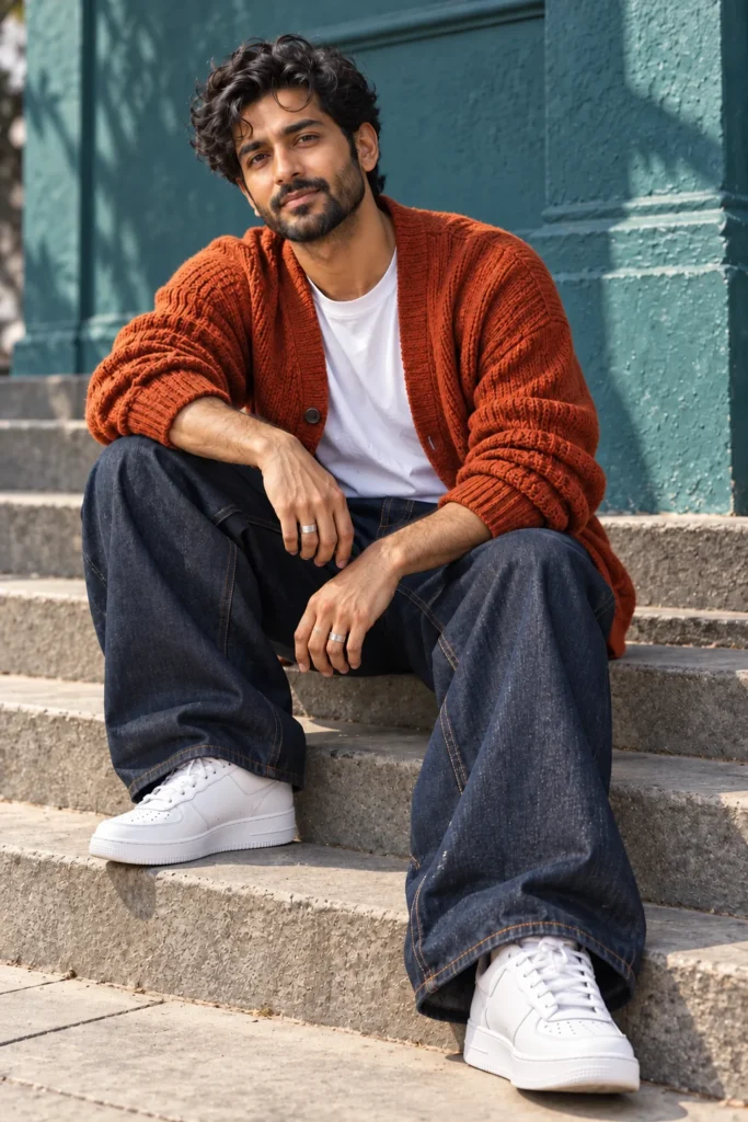 AI-generated fictional adult model Arjun in an original rebel fashion portfolio look.