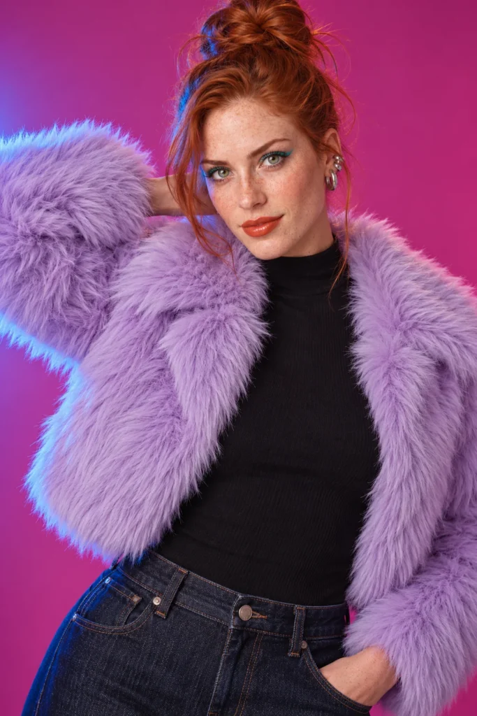 AI-generated fictional adult model Eden in an original rebel fashion portfolio look.