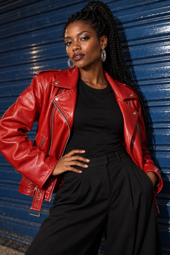 AI-generated fictional adult model Imani in an original rebel fashion portfolio look.