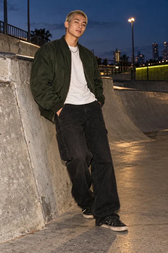 AI-generated fictional adult model Jay in an original street fashion portfolio look.