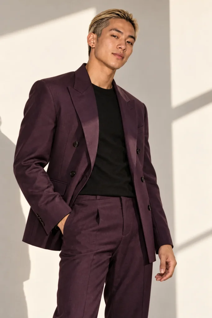 AI-generated fictional adult model Jay in an original tailoring fashion portfolio look.