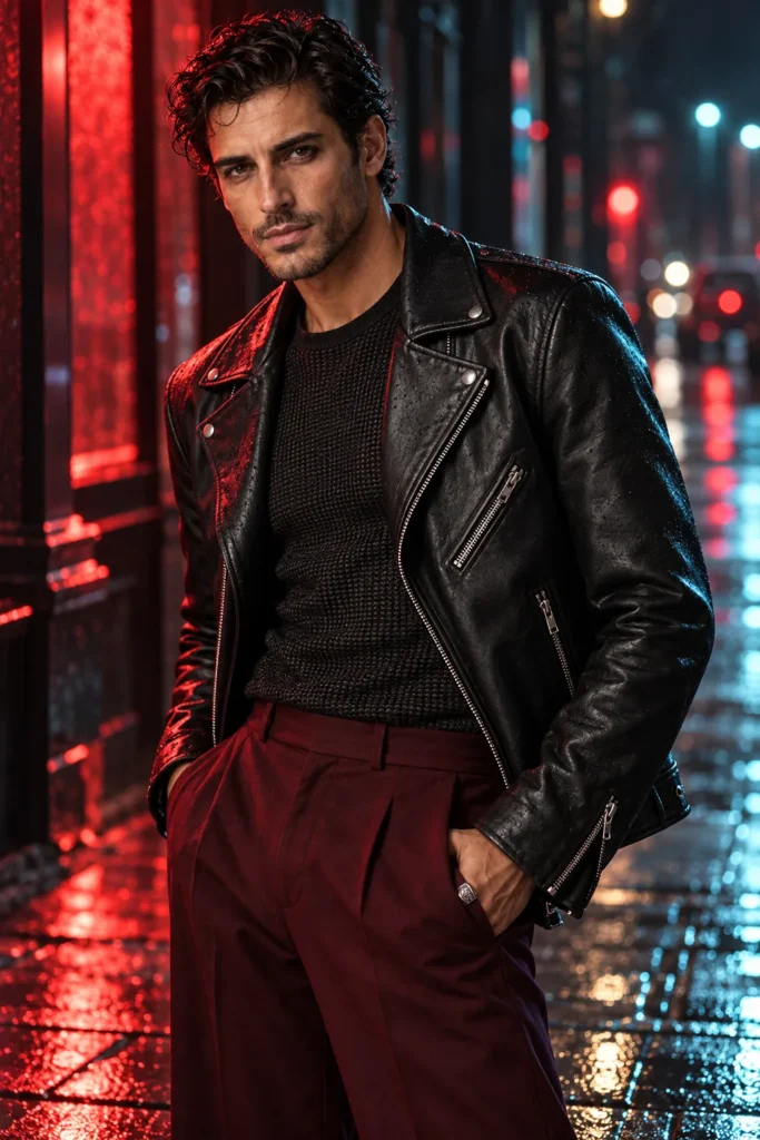 AI-generated fictional adult model Luca in an original rebel fashion portfolio look.