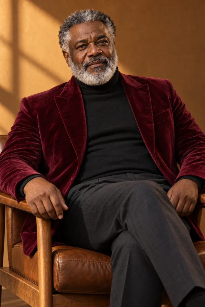 AI-generated fictional adult model Malik in an original tailoring fashion portfolio look.