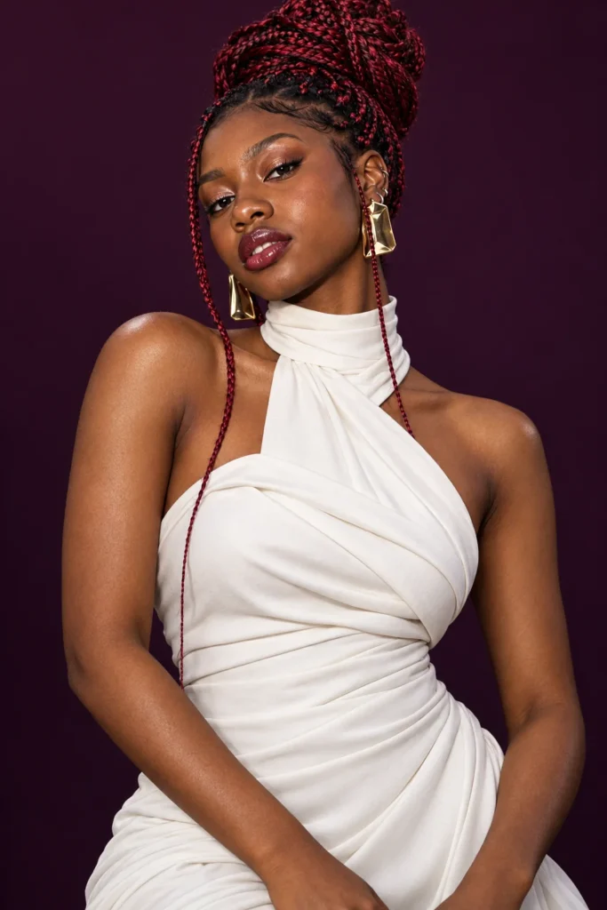 AI-generated fictional adult model Nia in an original beauty fashion portfolio look.
