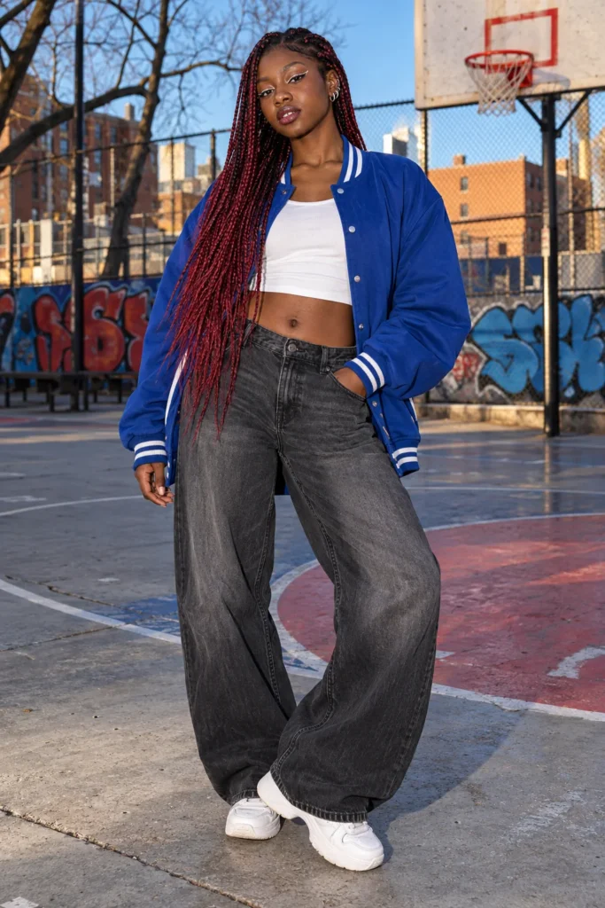 AI-generated fictional adult model Nia in an original street fashion portfolio look.